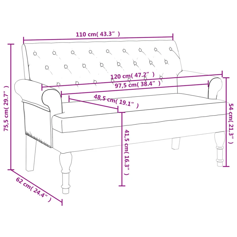 Banquette canapé avec dossier capitonné accoudoirs 120 x 62 x 75,5 cm en tissu gris DEC024648