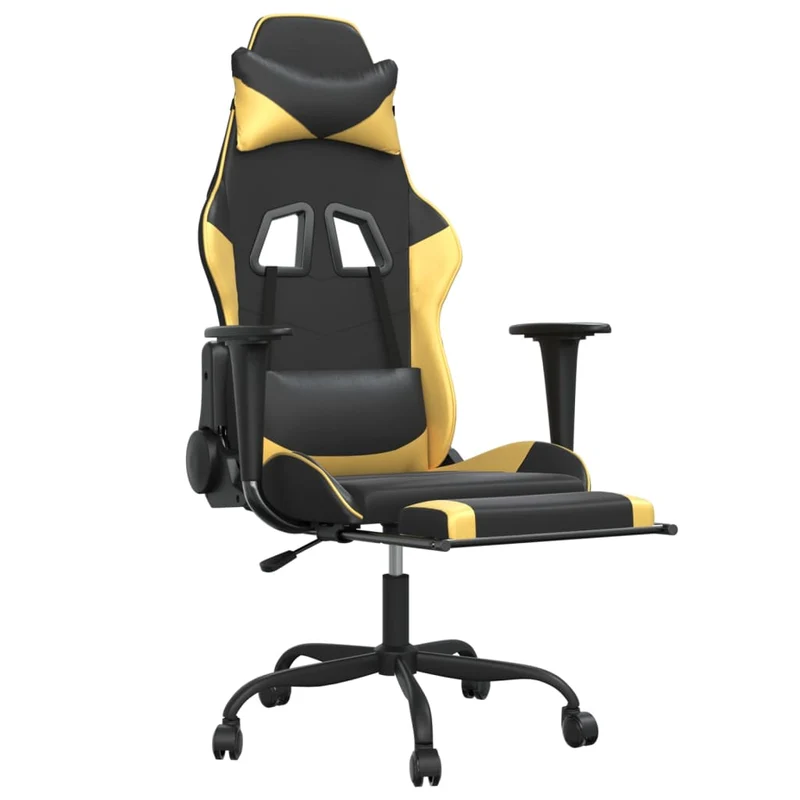 Fauteuil de bureau chaise gaming sur roulettes avec repose-pieds noir et doré PVC DEC025772