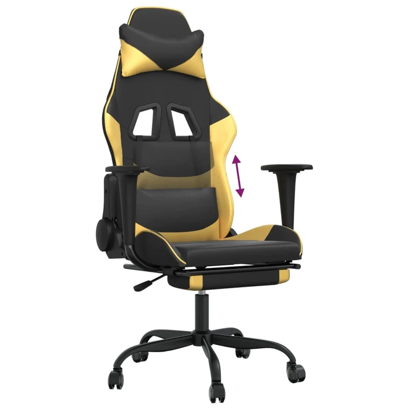 Fauteuil de bureau chaise gaming sur roulettes avec repose-pieds noir et doré PVC DEC025772