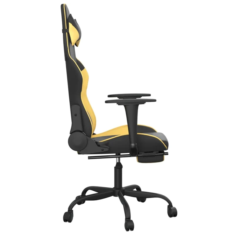 Fauteuil de bureau chaise gaming avec coussin lombaire et repose-pieds noir et doré PVC DEC025852