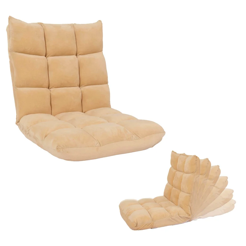 Chaise de sol coussin de sol dossier réglable sur 6 positions de relaxation cadre stable velours beige 04_0006361
