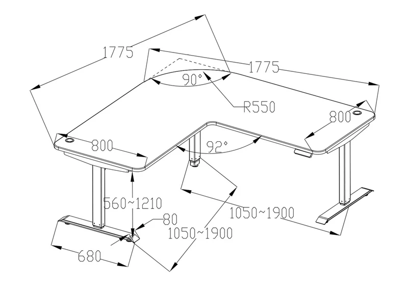 Bureau d'angle table d'ordinateur réglable en hauteur électriquement 178 x 178 cm HDF blanc noir 04_0006024