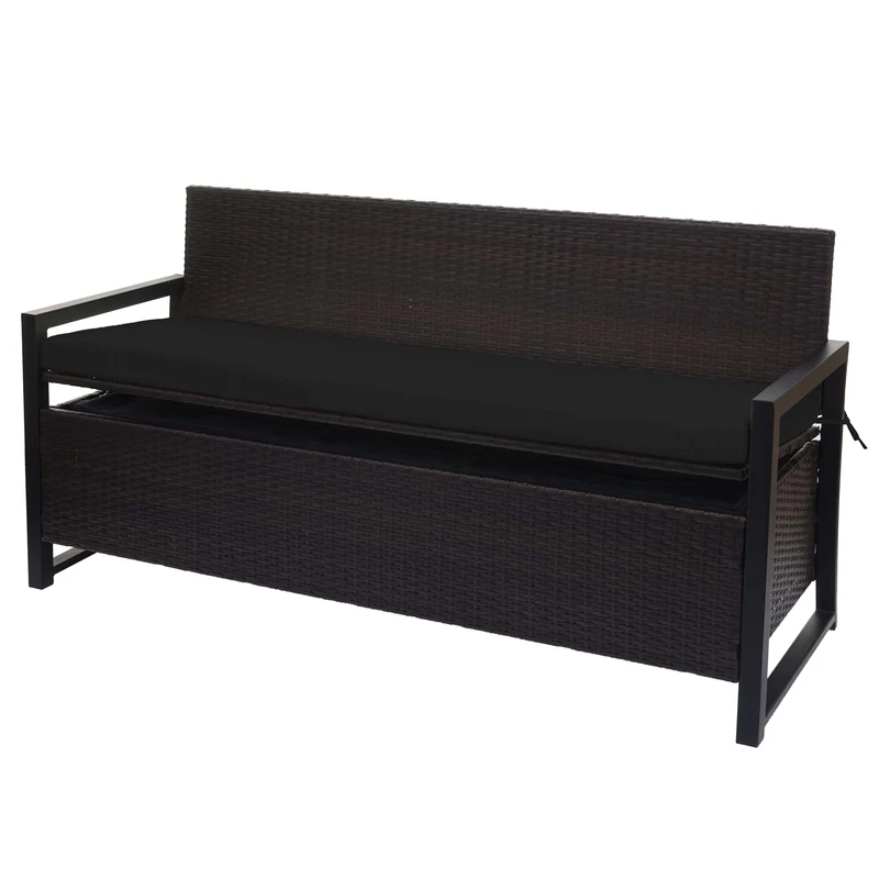 Banc banquette avec compartiment de rangement 3 places en polyrotin marron coussin noir 04_0005807