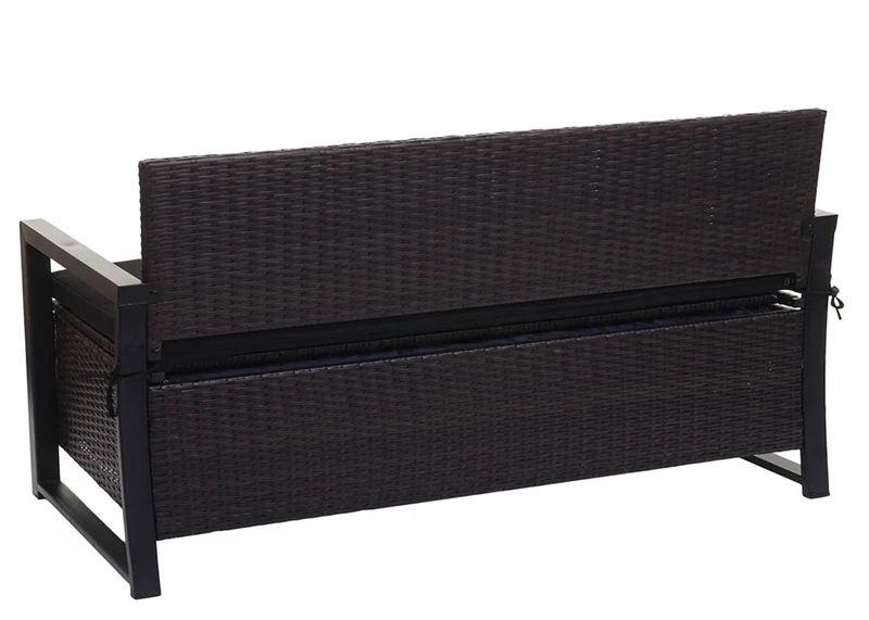 Banc banquette avec compartiment de rangement 3 places en polyrotin marron coussin noir 04_0005807