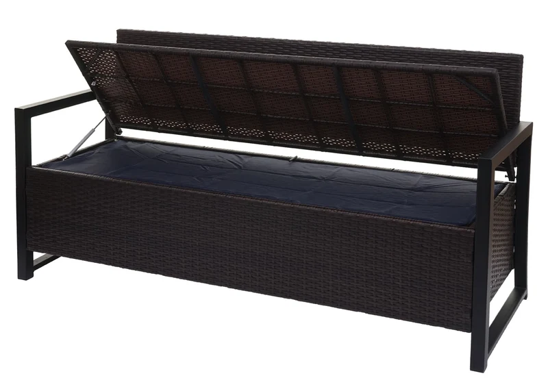 Banc banquette avec compartiment de rangement 3 places en polyrotin marron coussin noir 04_0005807