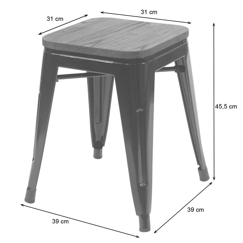 Tabouret bas avec assise en bois design industriel empilable en métal noir 04_0005325