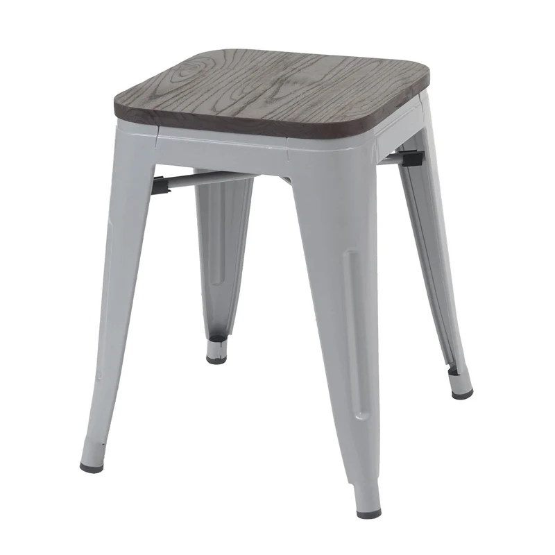 Lot de 4 tabourets bas design industriel empilables assise en bois en métal gris 04_0005230
