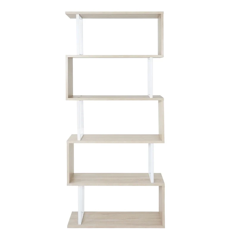 Bibliothèque étagère sur pied 183x80cm structure 3D 5 niveaux aspect chêne métal blanc 04_0001280