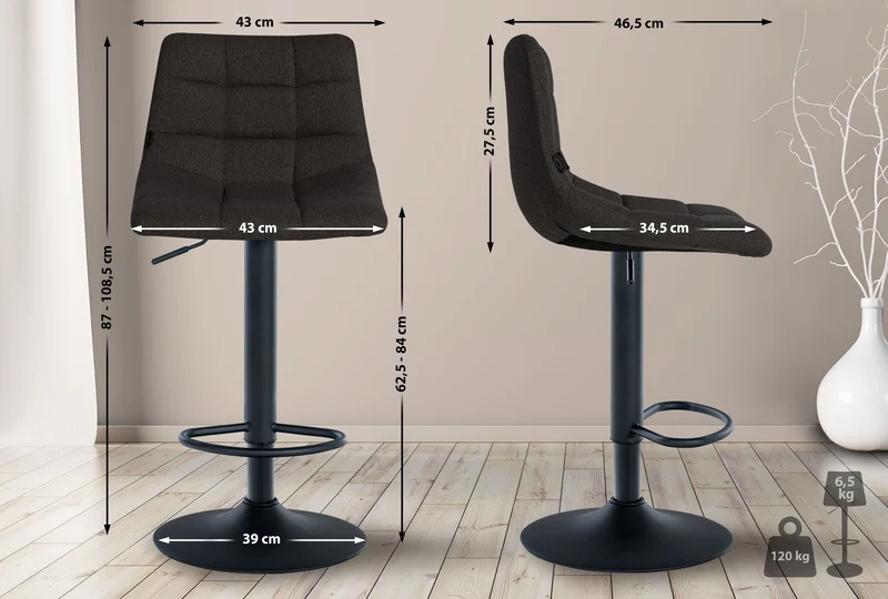 Lot de 2 tabourets de bar en tissu noir base métal noir réglable en hauteur et repose-pieds TDB10618