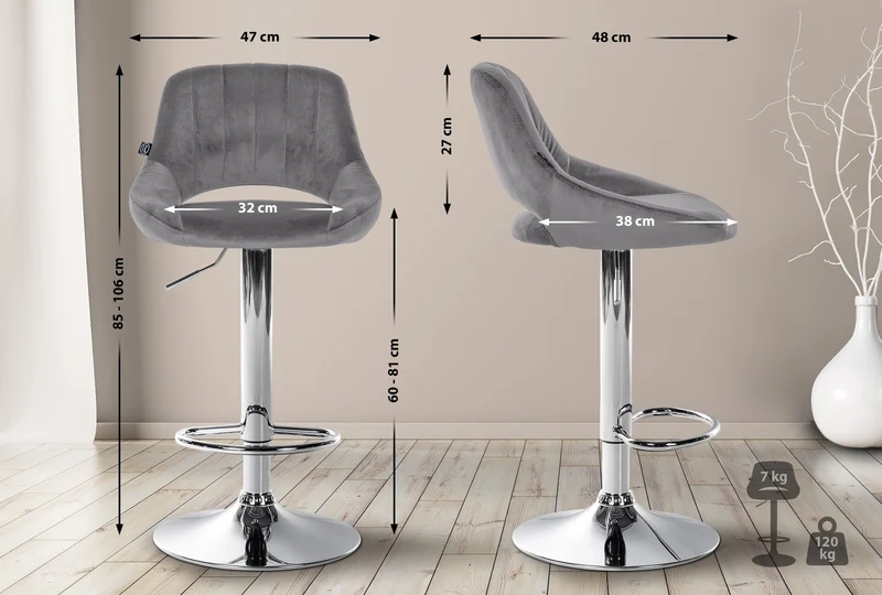 Tabouret de bar x1 avec repose-pieds pivotant et réglable en velours gris et métal TDB10817