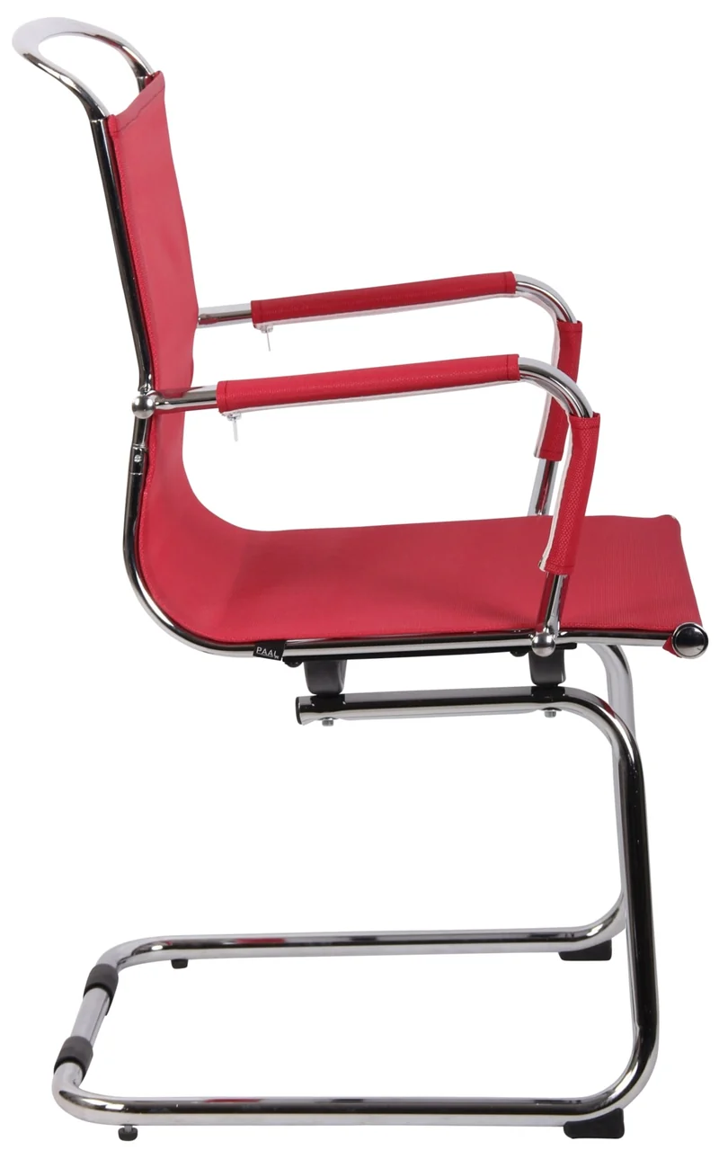Chaise fauteuil de bureau sans roulettes piétement luge en métal chromé assise en tissu maille rouge 10_0003263