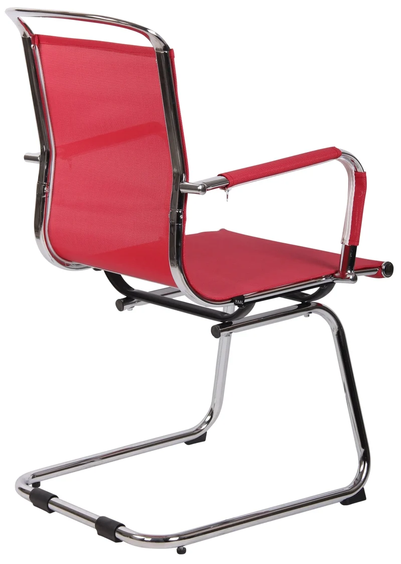 Chaise fauteuil de bureau sans roulettes piétement luge en métal chromé assise en tissu maille rouge 10_0003263