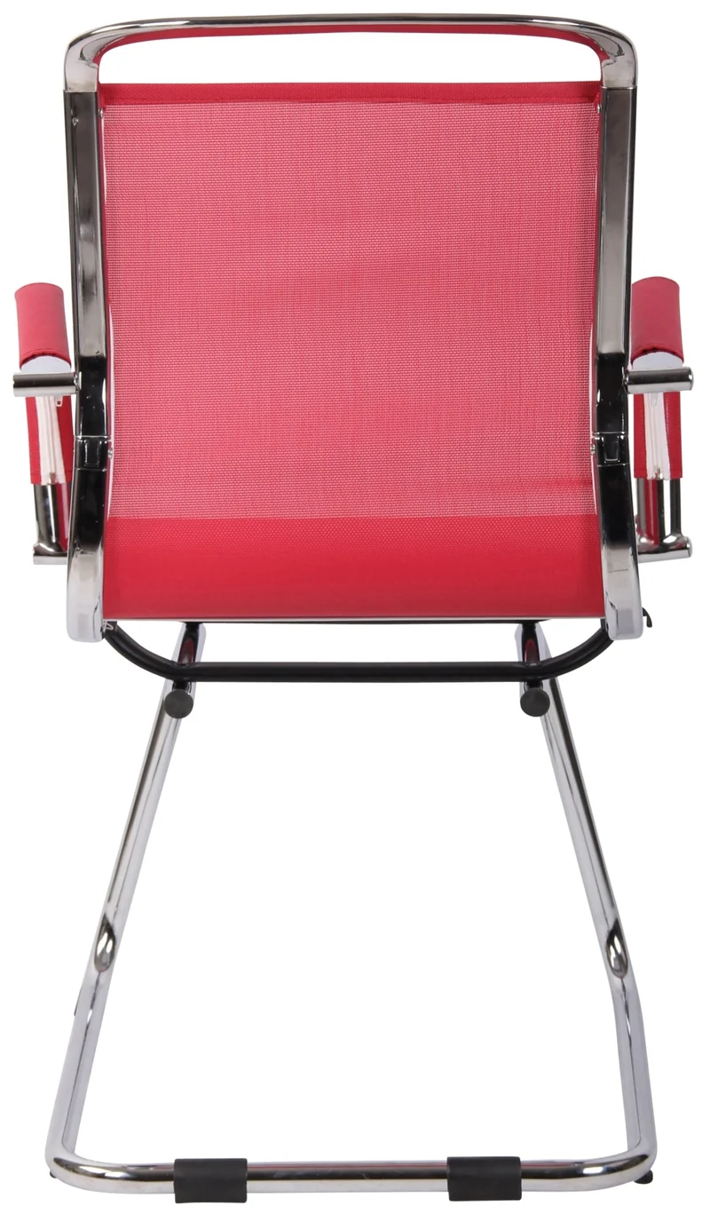 Chaise fauteuil de bureau sans roulettes piétement luge en métal chromé assise en tissu maille rouge 10_0003263