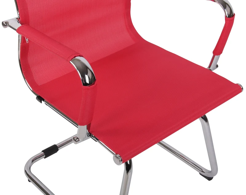 Chaise fauteuil de bureau sans roulettes piétement luge en métal chromé assise en tissu maille rouge 10_0003263