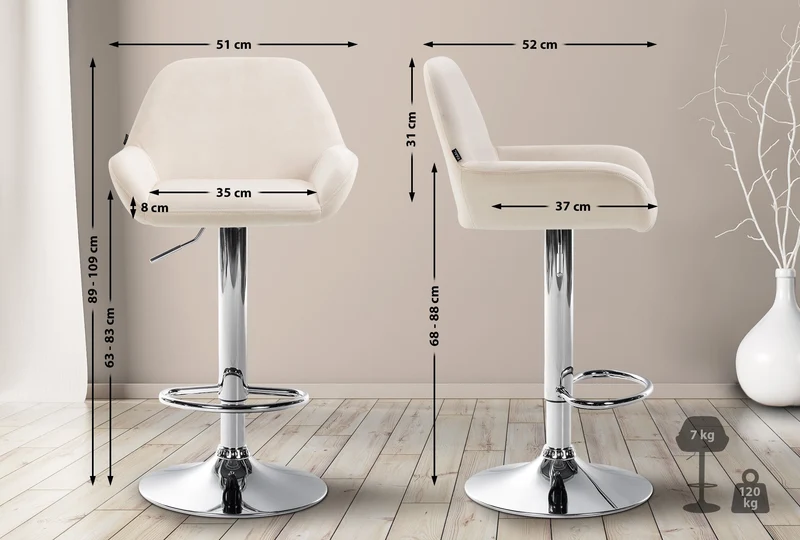 Lot de 2 tabourets de bar repose-pieds en forme d'arc en métal chromé assise en velours crème TDB10789