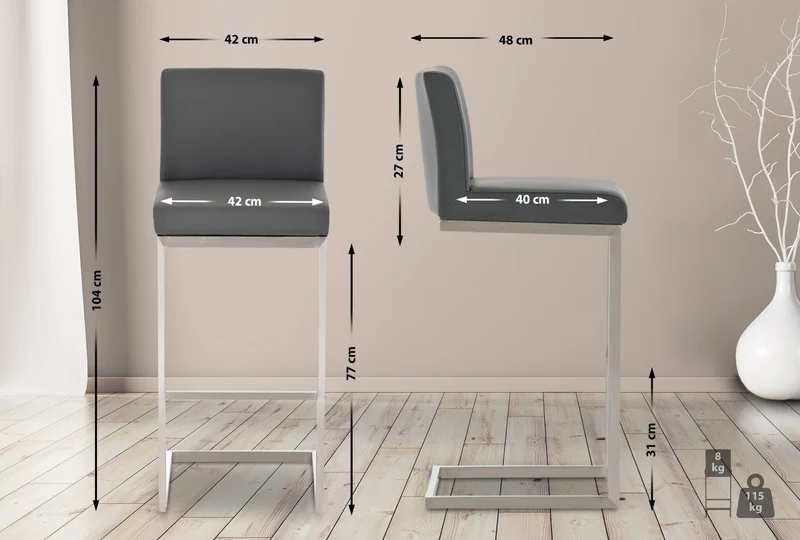 Tabouret de bar x1 design moderne support en acier inoxydable assise en PVC gris 10_0005320