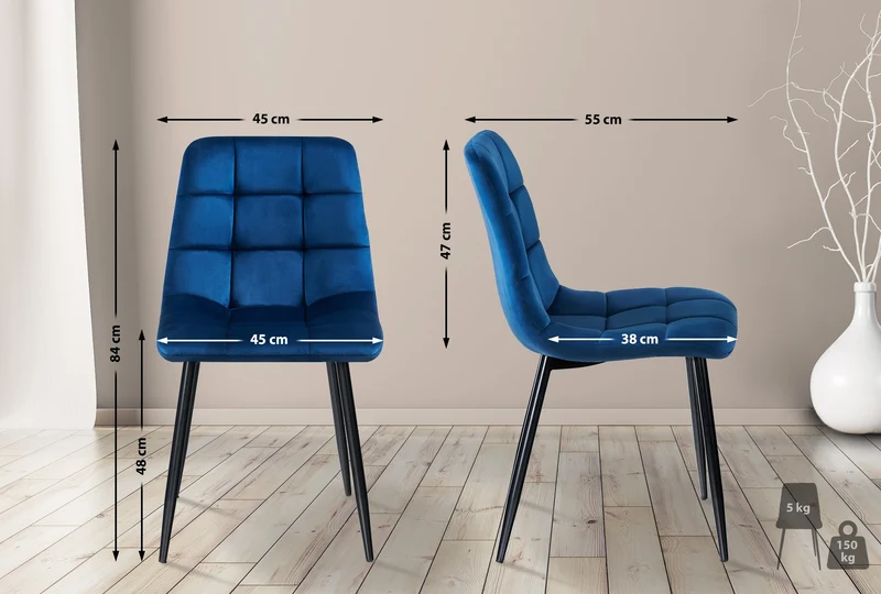Chaise de salle à manger x1 coutures forme carrées en velours bleu foncé pieds en métal noir 10_0001966