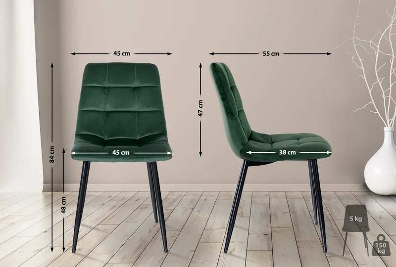 Chaise de salle à manger x1 coutures forme carrées en velours vert pieds en métal noir 10_0001965