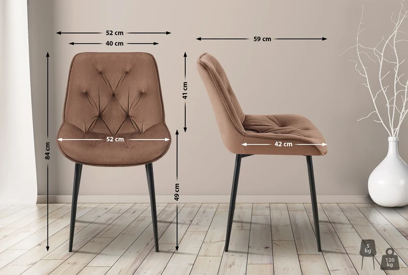 Chaise de salle à manger x1 assise et dossier capitonné en velours marron et métal noir 10_0002164