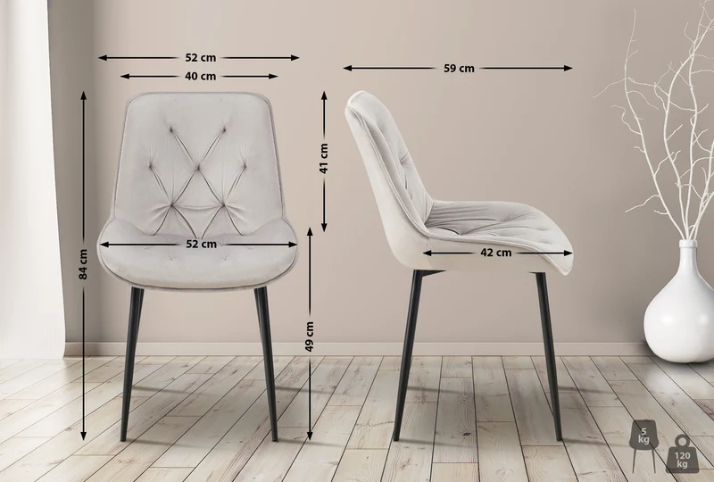 Chaise de salle à manger x1 assise et dossier capitonné en velours gris et métal noir 10_0002165