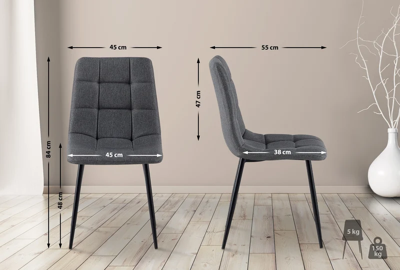 Chaise de salle à manger x1 coutures forme carrées en tissu gris foncé pieds en métal noir 10_0001973