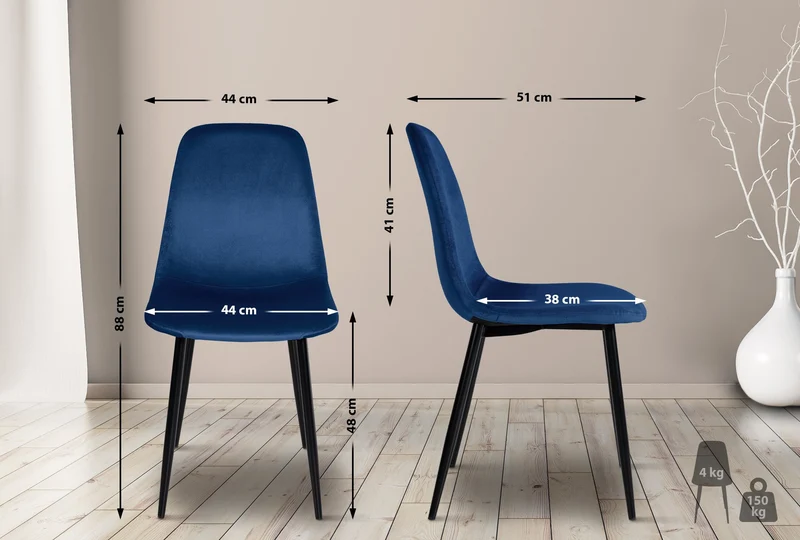 Chaise de salle à manger x1 design simple avec pieds en métal noir assise en velours bleu 10_0002061
