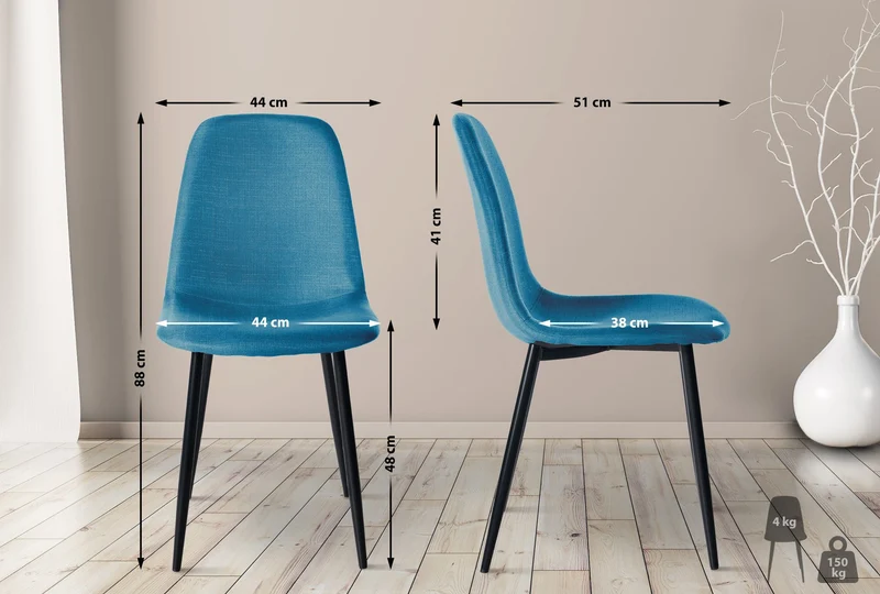 Chaise de salle à manger x1 design simple avec pieds en métal noir assise en tissu bleu 10_0002070