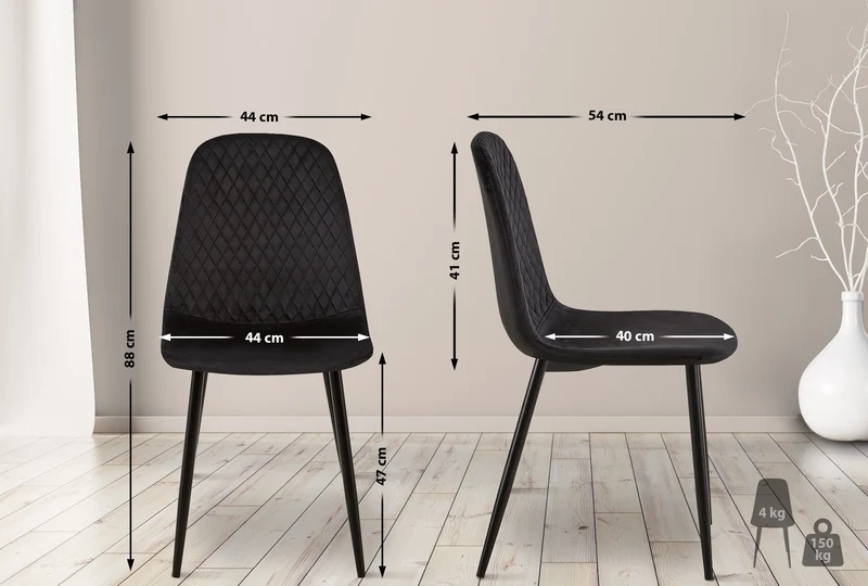 Chaise de salle à manger x1 coutures décoratives losanges assise en velours noir pieds métal noir mat 10_0002245