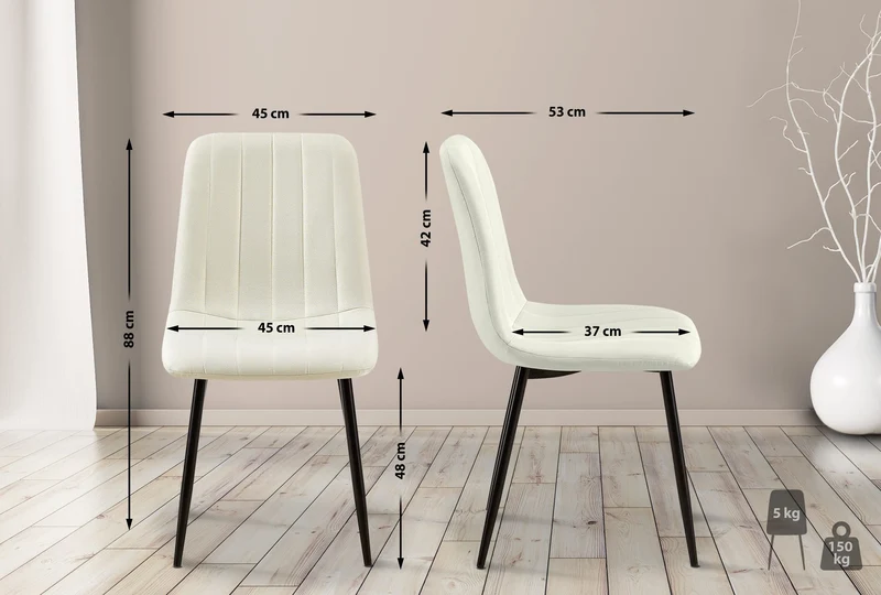 Chaise de salle à manger x1 coutures décoratives verticales assise en tissu crème pieds en métal noir 10_0002211