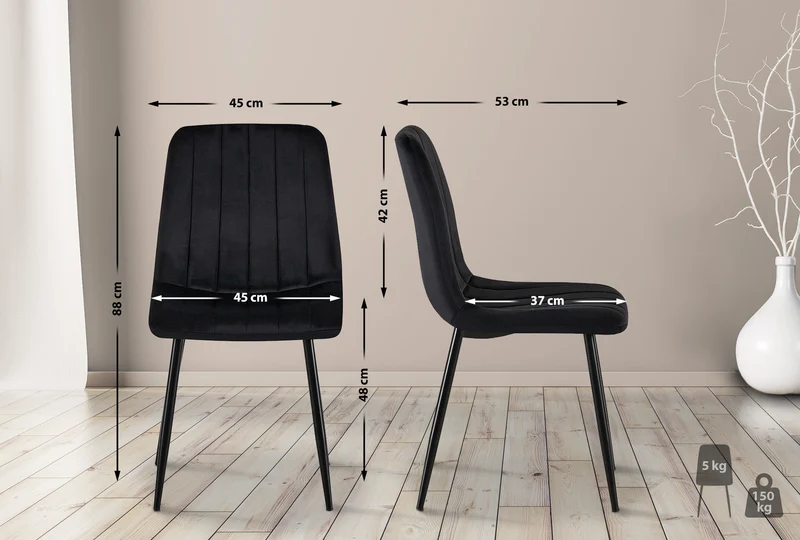 Chaise de salle à manger x1 coutures décoratives verticales assise en tissu velours noir pieds en métal noir 10_0002199