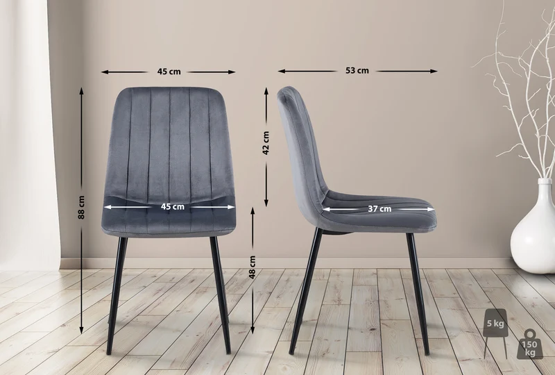 Chaise de salle à manger x1 coutures décoratives verticales assise en tissu velours gris foncé pieds en métal noir 10_0002206