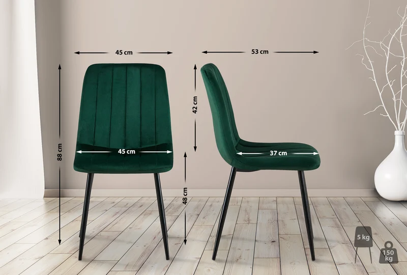 Chaise de salle à manger x1 coutures décoratives verticales assise en velours vert pieds en métal noir 10_0002200