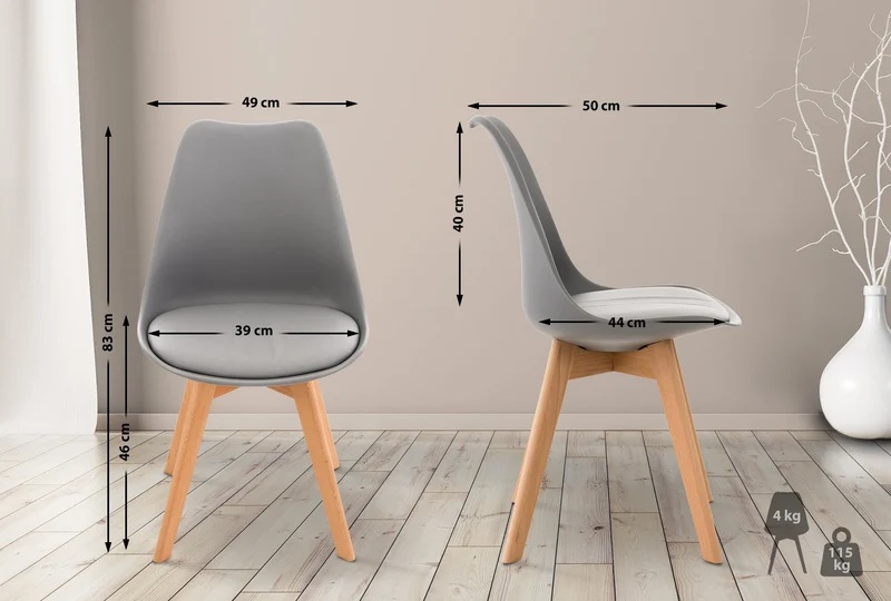Chaise de salle à manger x1 design scandinave en plastique et PVC gris et pieds en bois clair 10_0002272