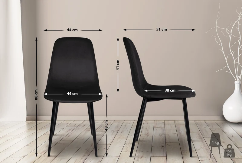 Chaise de salle à manger x1 design simple avec pieds en métal noir assise en velours noir 10_0002063