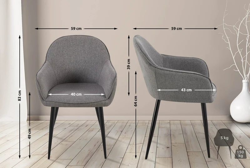 Chaise de salle à manger moderne et confortable en tissu gris foncé et pieds en métal noir 10_0002000