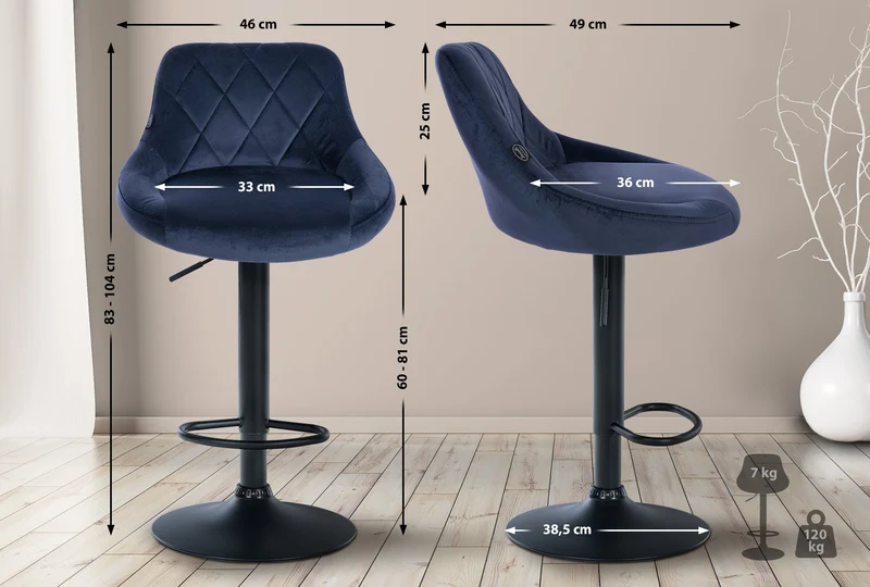 Tabouret de bar en velours bleu coutures décoratives pivotant support métal noir TDB10665