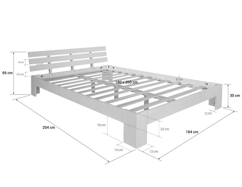 Lit double 2 personnes avec sommier à lattes en bois blanc 180x 200cm LIT06161