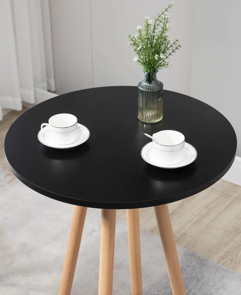 Table haute ronde avec repose-pieds hauteur 107 cm en MDF noir design scandinave TAB10069