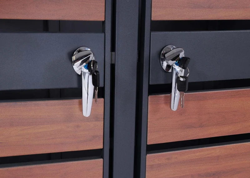 Abri de poubelle en métal pour deux poubelles de 80 à 240 litres anthracite aspect bois de cerisier brun foncé MDJ04176