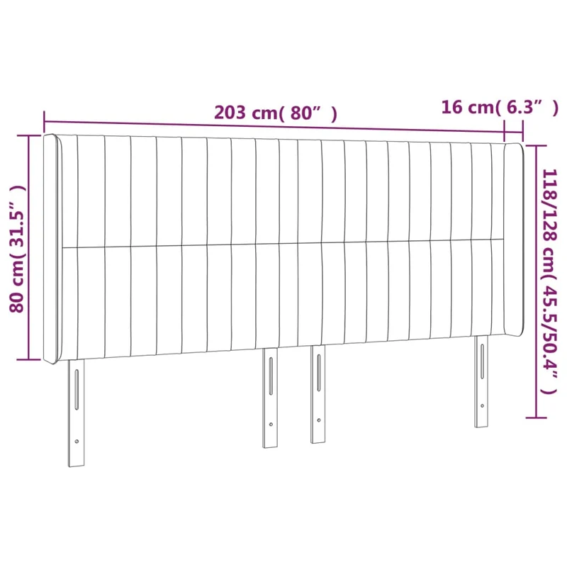 Tête de lit accessoire couchage chambre à coucher meuble avec rebord latéral 203 x 16 x 118/128 cm tissu velours gris foncé TDL0204946