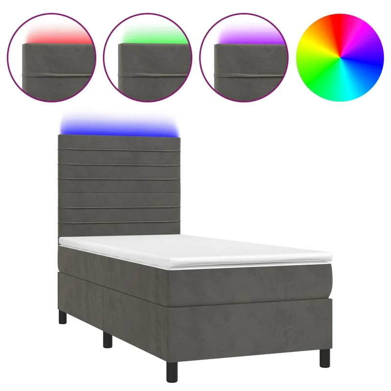 Cadre de lit LED avec sommier tête de lit matelas surmatelas 100x200 cm tissu velours gris foncé TDL0207742