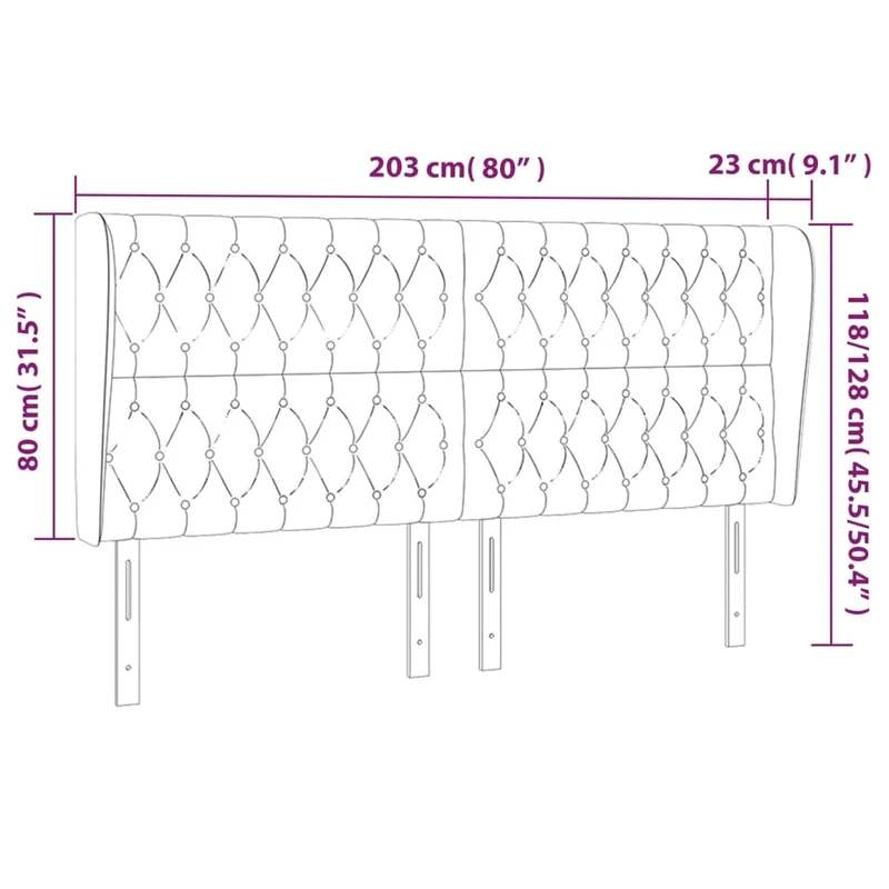 Tête de lit accessoire couchage chambre à coucher meuble avec rebord latéral 203 x 23 x 118/128 cm tissu gris clair TDL0205168
