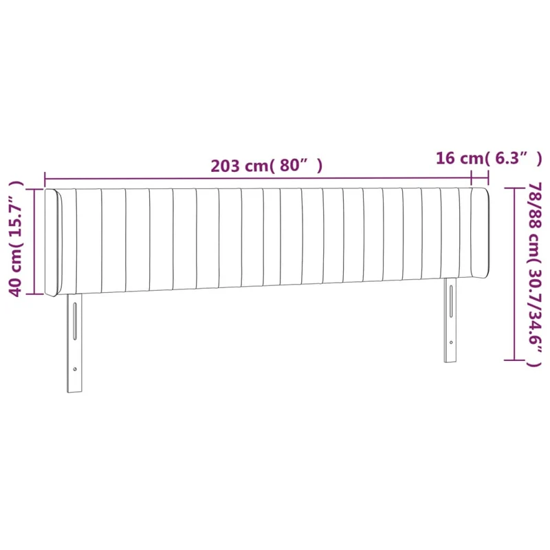 Tête de lit accessoire couchage chambre à coucher meuble avec rebord latéral 203 x 16 x 78/88 cm Tissu velours noir TDL0204491