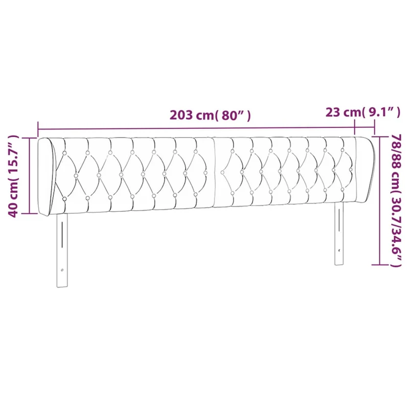Tête de lit accessoire couchage chambre à coucher meuble capitonné avec rebord latéral 203 x 23 x 78/88 cm tissu gris clair TDL0205159