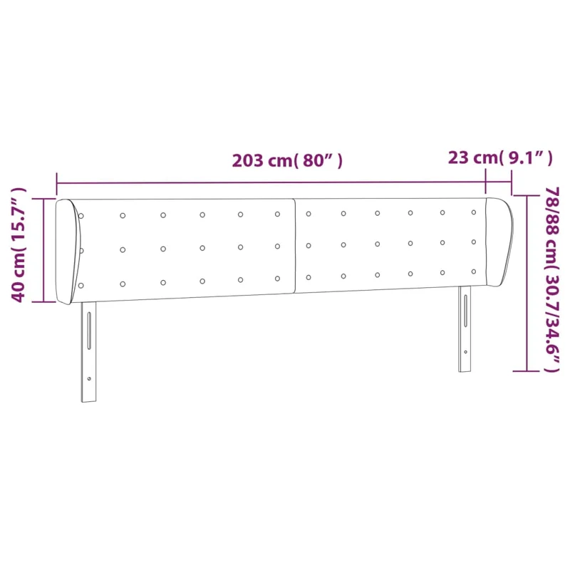 Tête de lit accessoire couchage chambre à coucher meuble capitonné avec rebord latéral 203 x 23 x 78/88 cm Tissu velours noir TDL0204470